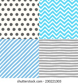 4 hand drawn painted seamless geometric patterns set. Vector illustration