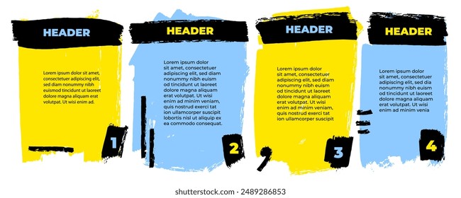 4 hand drawn text boxes. Step by step instruction.Template with grunge frames for text and infographic. Data visualization. Design for presentation. Copy space. Stain painted with brush. Paint strokes