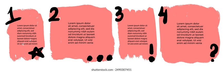 4 hand drawn text boxes. Grunge frames for text. Empty design template. Data visualization. Design for presentation with copy space, marks. Workflow layout. Stains painted with brush. Paint strokes