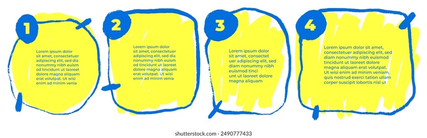4 hand drawn text boxes. Grunge frames for text. Empty design template. Data visualization. Design for presentation with copy space, marks. Workflow layout. Stains painted with brush. Paint strokes 4