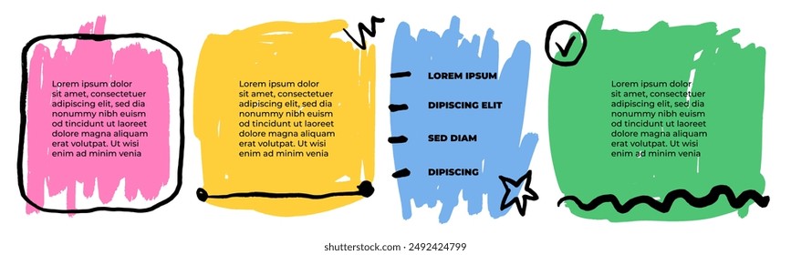 4 hand drawn text boxes. Grunge frames for text. Empty design template. Data visualization. Design for presentation with copy space. Workflow layout. Stains painted with brush. Paint strokes 2