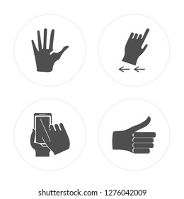 4 Hand, Smartphone, Swipe left, Thumb up modern icons on round shapes, vector illustration, eps10, trendy icon set.