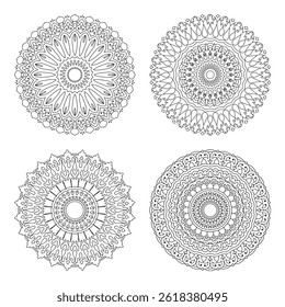 4 hand-drawn mandala pages with detailed floral and geometric designs for coloring, meditation, yoga decor, and printable art.