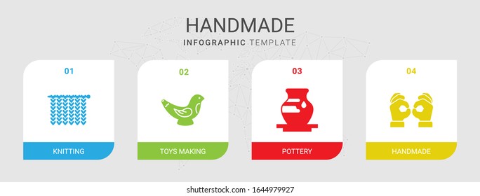4 handmade filled icons set isolated on infographic template. Icons set with Knitting, Toys making, Pottery, Handmade icons.