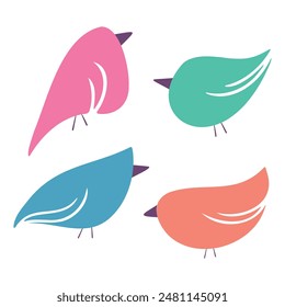 4 pájaros dibujados a mano, refinados en Illustrator, iconos de pájaros coloridos minimalistas, alta calidad, pájaros simples, conjunto de Vector mínimo.