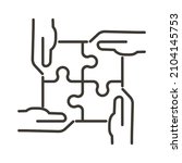 4 hands connecting four puzzle pieces into a full square. Vector thin line icon for concepts of business strategy, teamwork, success, goals