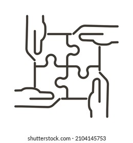 4 hands connecting four puzzle pieces into a full square. Vector thin line icon for concepts of business strategy, teamwork, success, goals