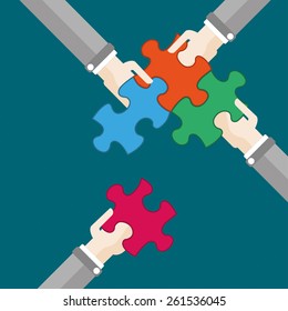4 hands with puzzle pieces. Eps 10 vector file.