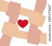 4 hands together holding each other. Red heart in the center. Vector
