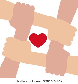 4 hands together holding each other. Red heart in the center. Vector