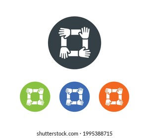 4 hands together icons set. Unity, teamwork, collaborate and support symbol.