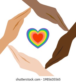 There’re 4 hands in various skins colors holding a rainbow heart together. Concept about LGBTQ, pride month. Love is love.