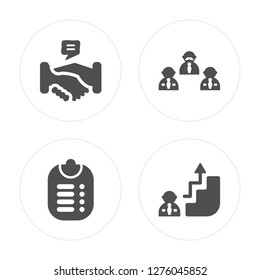 4 Handshake, Check list, Interview, Career modern icons on round shapes, vector illustration, eps10, trendy icon set.