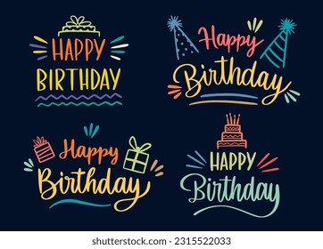 4 Diseño de la colección Happy Birthday . Hermosa tarjeta de saludo arañado caligrafía de texto negro palabra feliz cumpleaños diseño de diseño de impresión de camisetas de invitación de feliz cumpleaños. 