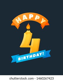 4. Happy Birthday Greeting Card. Colorful Birthday Candle and Ribbon. Wick and fire. Vector illustration. BOLD HAND DRAWN FONT