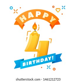 4. Happy Birthday Greeting Card. Colorful Birthday Candle and Ribbon. Wick and fire. Vector illustration. BOLD HAND DRAWN FONT.
