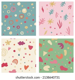 4 happy colors organic shape seamless pattern design set, natural elements, plants, and abstract shapes