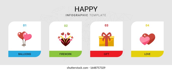 4 happy flat icons set isolated on infographic template. Icons set with balloons, firework, gift, love icons.