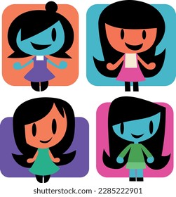 4 happy girl icons in cheerful colors