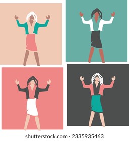 4 happy girls with hands up in 4 colored squares