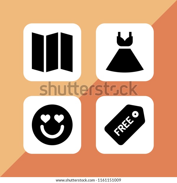 4 happy icons in\
vector set. dress, free, trip and in love illustration for web and\
graphic design
