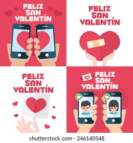 4 happy valentines day cards with mobiles, hearts, band aid, and lollipop written in Spanish