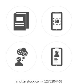 4 Hard Cover Book, Users Settings, Digital display 60, Smartphone app modern icons on round shapes, vector illustration, eps10, trendy icon set.