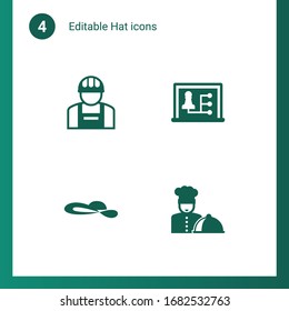 4 hat filled icons set isolated on . Icons set with builder, Distance teacher, woman hat, chefs dish icons.