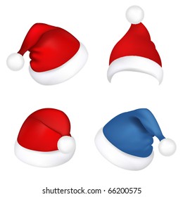 4 Hats Santa Claus, Isolated On White Background, Vector Illustration