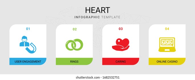 4 heart filled icons set isolated on infographic template. Icons set with User Engagement, rings, caring, online casino icons.