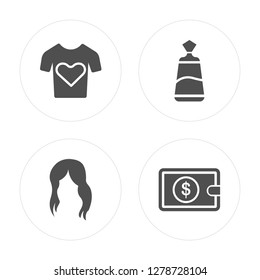 4 Heart shaped clothes, Human black hair, Parfum, Wallet modern icons on round shapes, vector illustration, eps10, trendy icon set.
