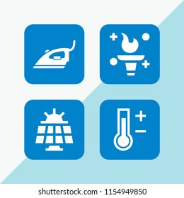 4 heat icons in vector set. fire, thermometer, iron and solar panel illustration for web and graphic design