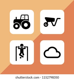 4 heavy icons in vector set. tractor side view, wheelbarrow, cloud outline and gym illustration for web and graphic design