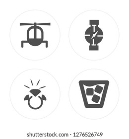 4 Helicopter, Diamond ring, Watch, Cocktail modern icons on round shapes, vector illustration, eps10, trendy icon set.