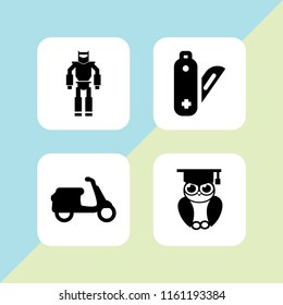 4 helmet icons in vector set. military robot machine, construction and tools, scooter and cap illustration for web and graphic design