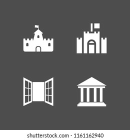 4 heritage icons in vector set. opened window door of glasses, castle, historic and fortress illustration for web and graphic design