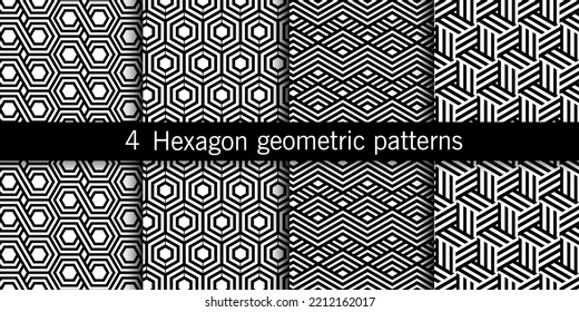 4 Hexagons geometric set seamless pattern collection, Abstract background, Decorative wallpaper.