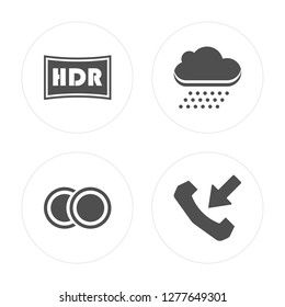 4 High Dynamic Range Imaging, Two Circles, Rain Cloud, Phone Call Outcoming modern icons on round shapes, vector illustration, eps10, trendy icon set.