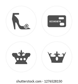 4 High heels, Crown, Cit card, King modern icons on round shapes, vector illustration, eps10, trendy icon set.