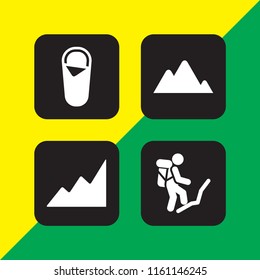 4 hiker icons in vector set. sleeping bag, mountain summit, backpack and mountain illustration for web and graphic design
