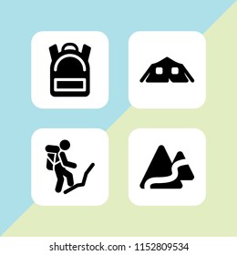 4 hiking icons in vector set. camping, journey and backpack illustration for web and graphic design