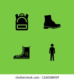 4 hiking icons in vector set. tall human silhouette, backpack, boots and combat boots illustration for web and graphic design
