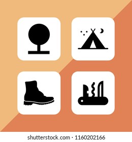 4 hiking icons in vector set. combat boots, tent night, camping and forest illustration for web and graphic design