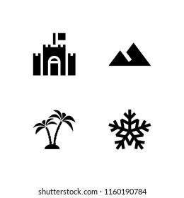 4 hill icons in vector set. desert, snow, landscape with mountains and castle illustration for web and graphic design