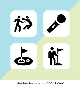 4 hit icons in vector set. karaoke microphone icon, person fight punch, golf and target illustration for web and graphic design