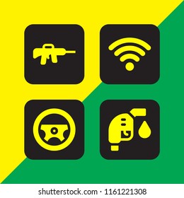 4 hold icons in vector set. gun, fuel, steering wheel and wifi signal illustration for web and graphic design