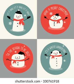 4 Holiday greeting cards or tags with snowmen in simple flat style 