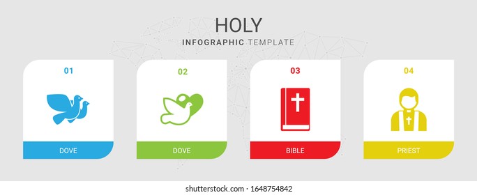 4 holy filled icons set isolated on infographic template. Icons set with Dove, dove, Bible, priest icons.