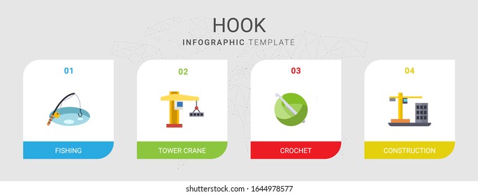 4 hook flat icons set isolated on infographic template. Icons set with Fishing, tower crane, crochet, Construction icons.