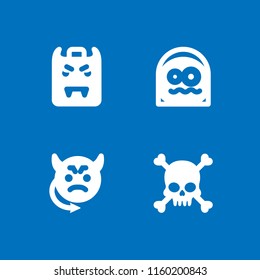 4 horror icons in vector set. scared, evil, human skull with crossed bones silhouette and vampire illustration for web and graphic design